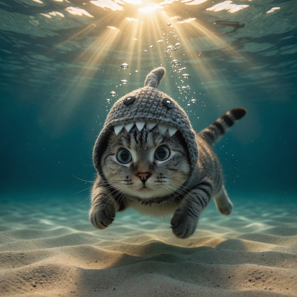 Nala swimming in the deep — shark hat on, fins up